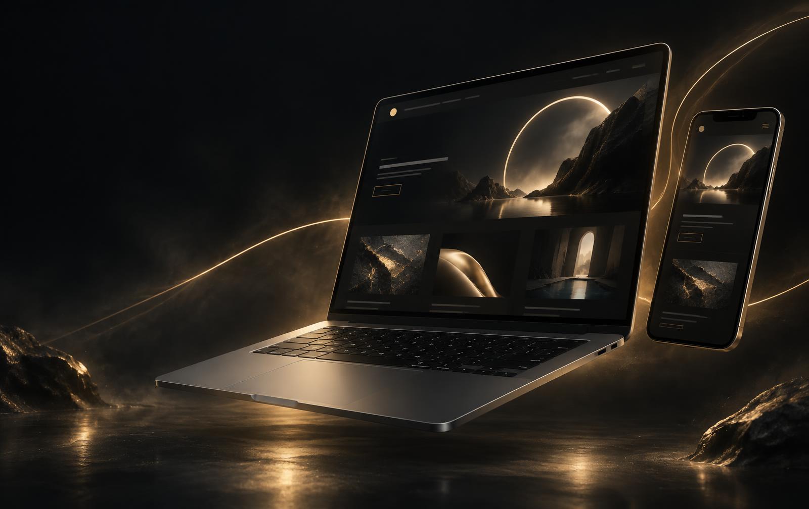Laptop and phone displaying an elegant dark-and-gold website design